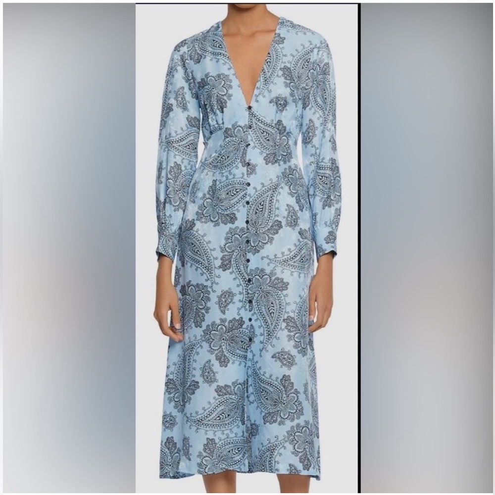 Sandro E20 Beane blue jacquard silk viscose a line midi dress - size 40